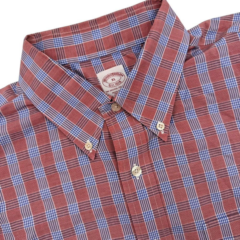 Brooks Brothers Button Down Shirt Men's XL Red Blue Plaid Regular Fit Non-Iron